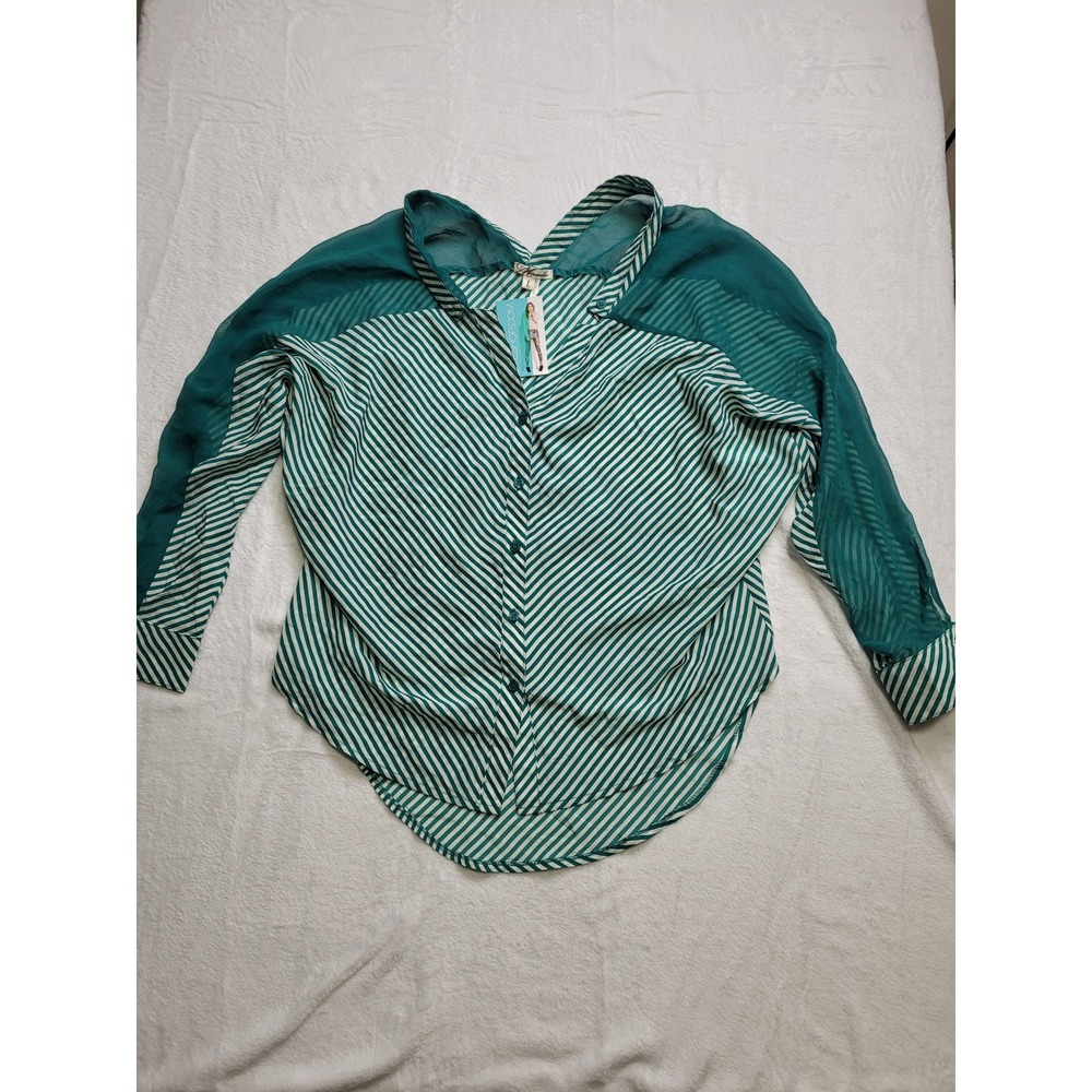 NWT Marineblu Blouse Womens Large Green Striped Sheer Mesh Sleeve Button Down